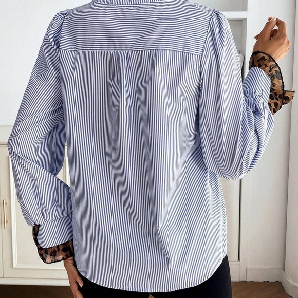 Blue Patchwork Women's Striped Leopard Button Down Collared Shirt - Picture 2 of 8